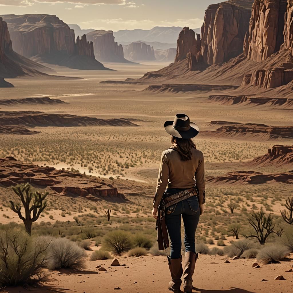 Vast Desert Landscape with Cowboy in Western Style