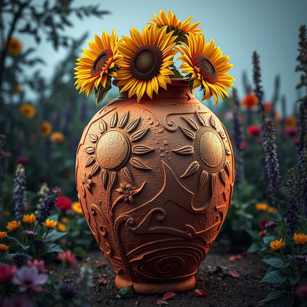 Detailed Clay Vase with Sunflowers in Garden