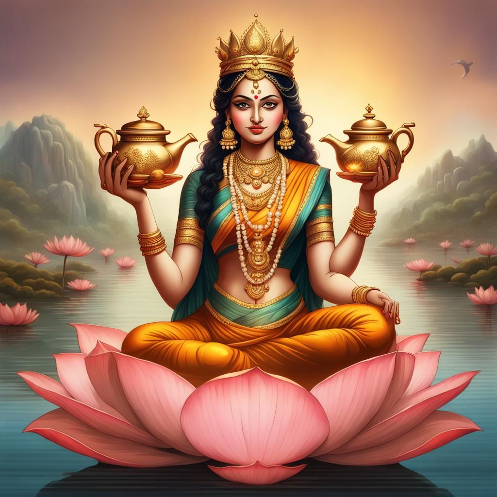 Hindu God Lakshmi on Lotus Flower, Detailed Painting