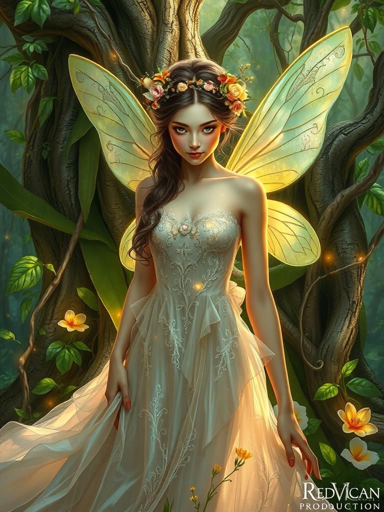 Forest fairy clad in a sheer, long flowing robe with delicat...