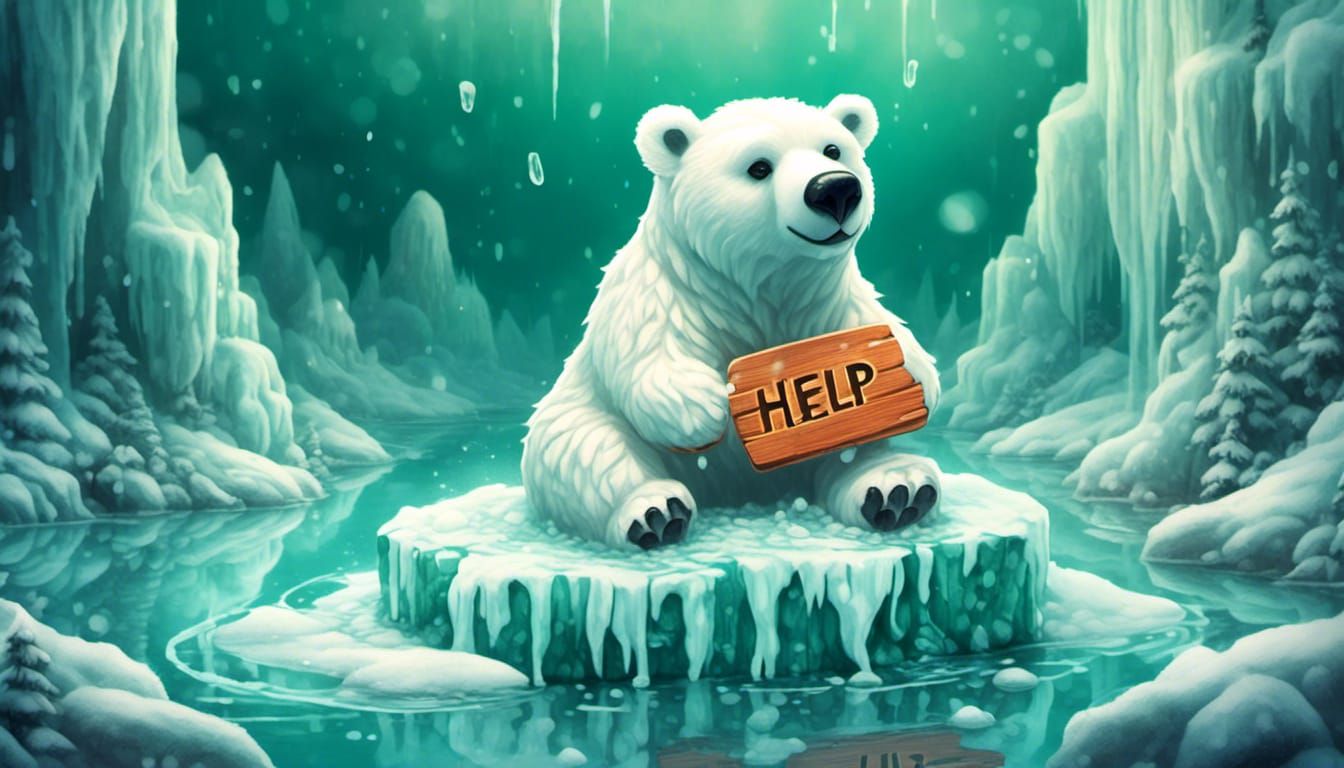 <lora:SapphSnow:1.0> stunning image of a cute adorable polar bear with a sign that says help, floating on an iceblock, m...