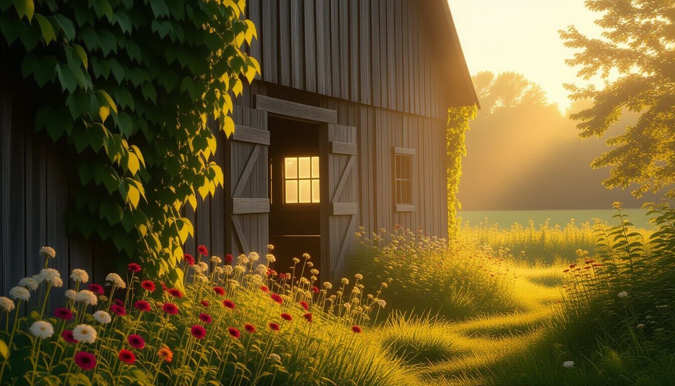 Old Barn in Golden Light with Wildflowers