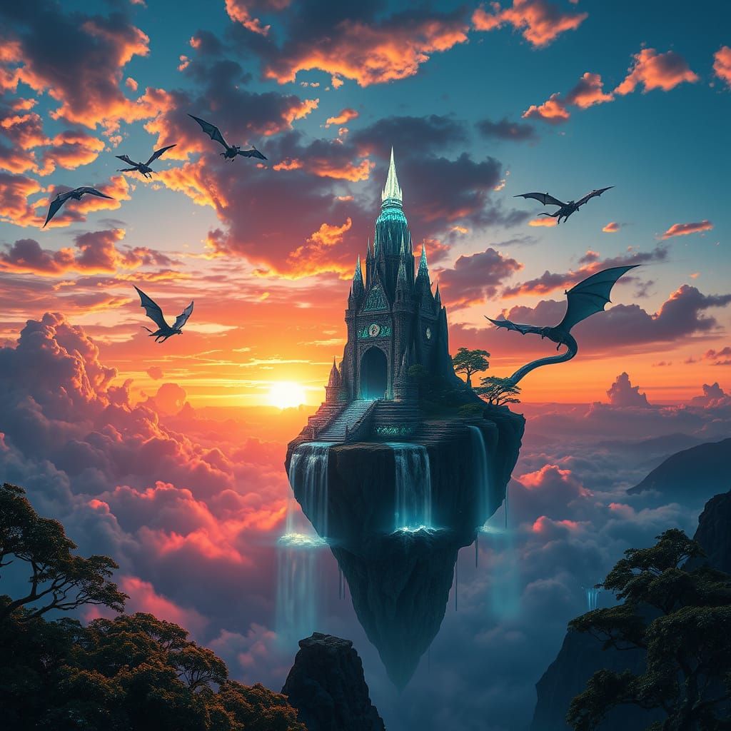 A magical floating island in the sky at sunset, with a glowing crystal temple, waterfalls falling into the clouds, flyin...
