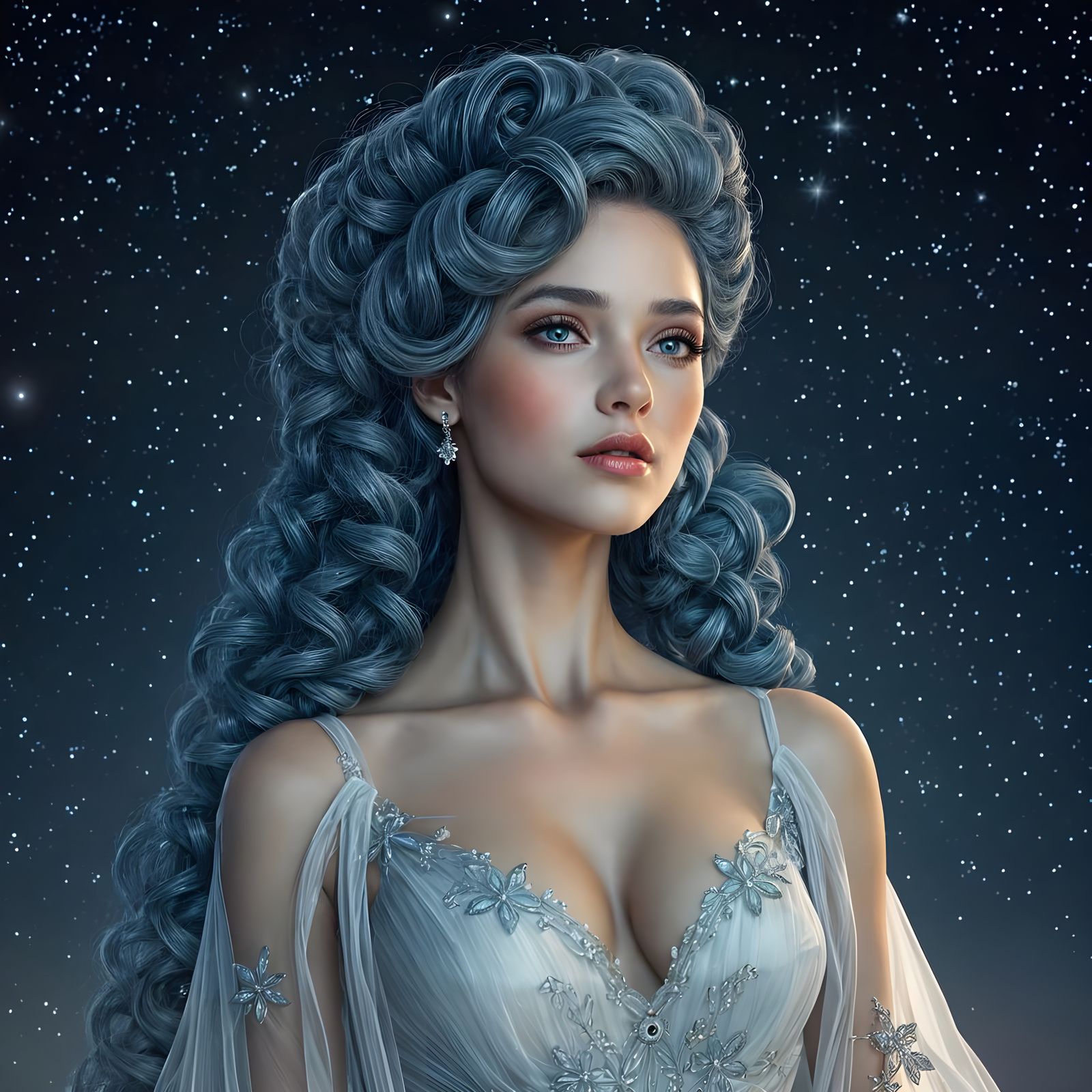 Elegant Queen with Blue Hair, Fantasy Art