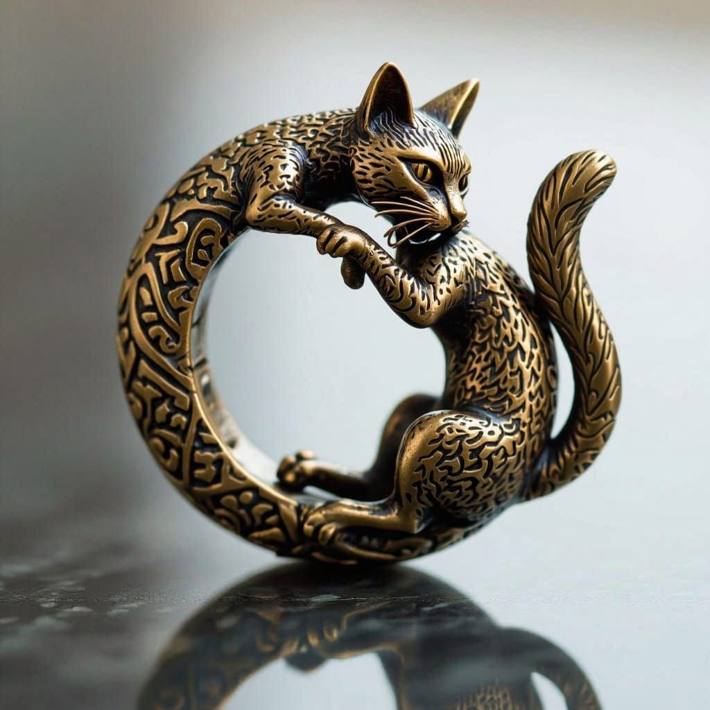 Bronze Cat Jewelry Ring With Bushy Tail