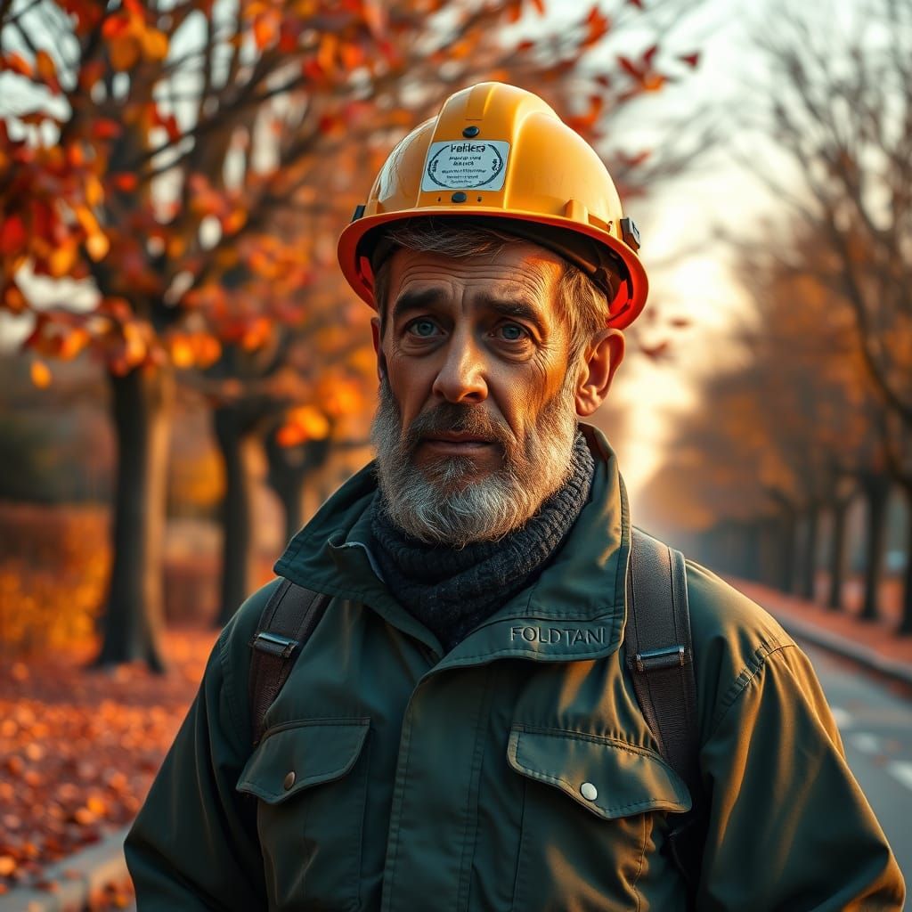 Geologist Walks Through Autumn Avenue at Dawn