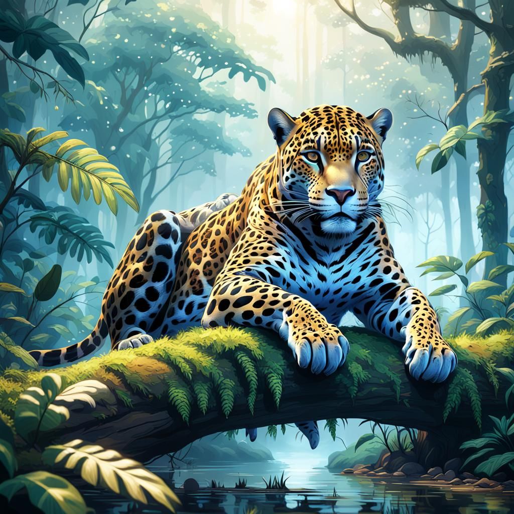 Jaguar in Misty Rainforest: Detailed Matte Painting
