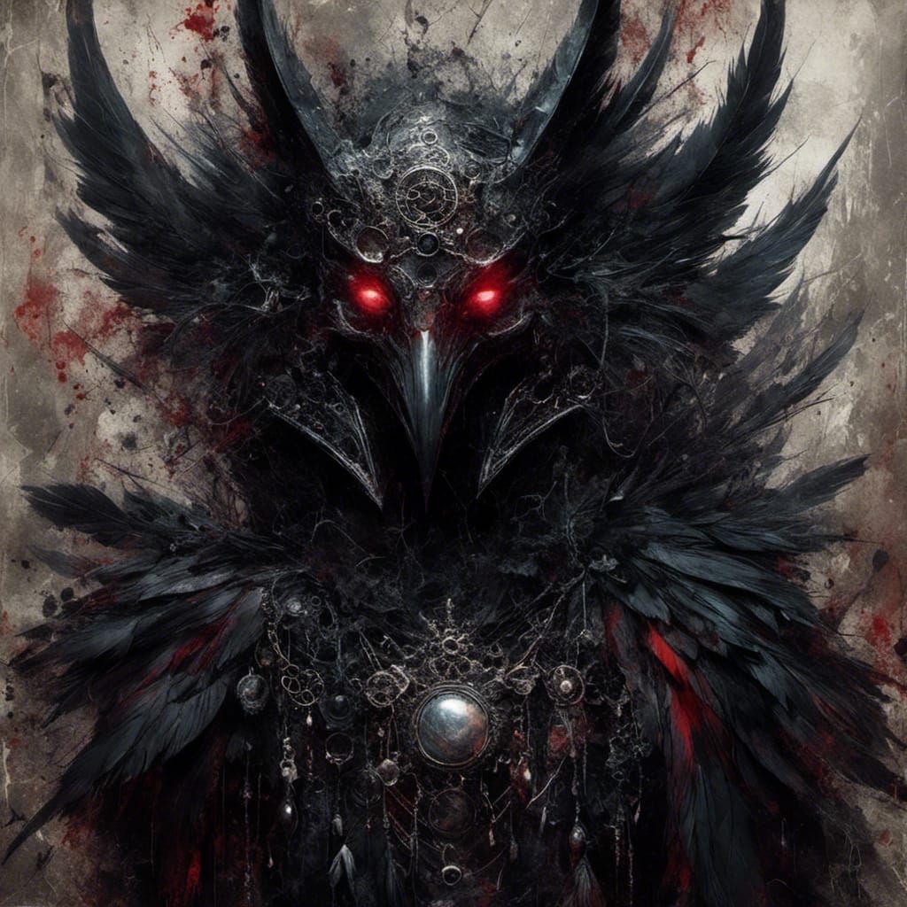 Gothic Horror Raven Robot God in Tarot Card Art