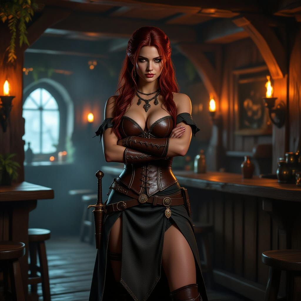 Seductive Skyrim Tavern Woman in Dimly Lit Nordic Tavern