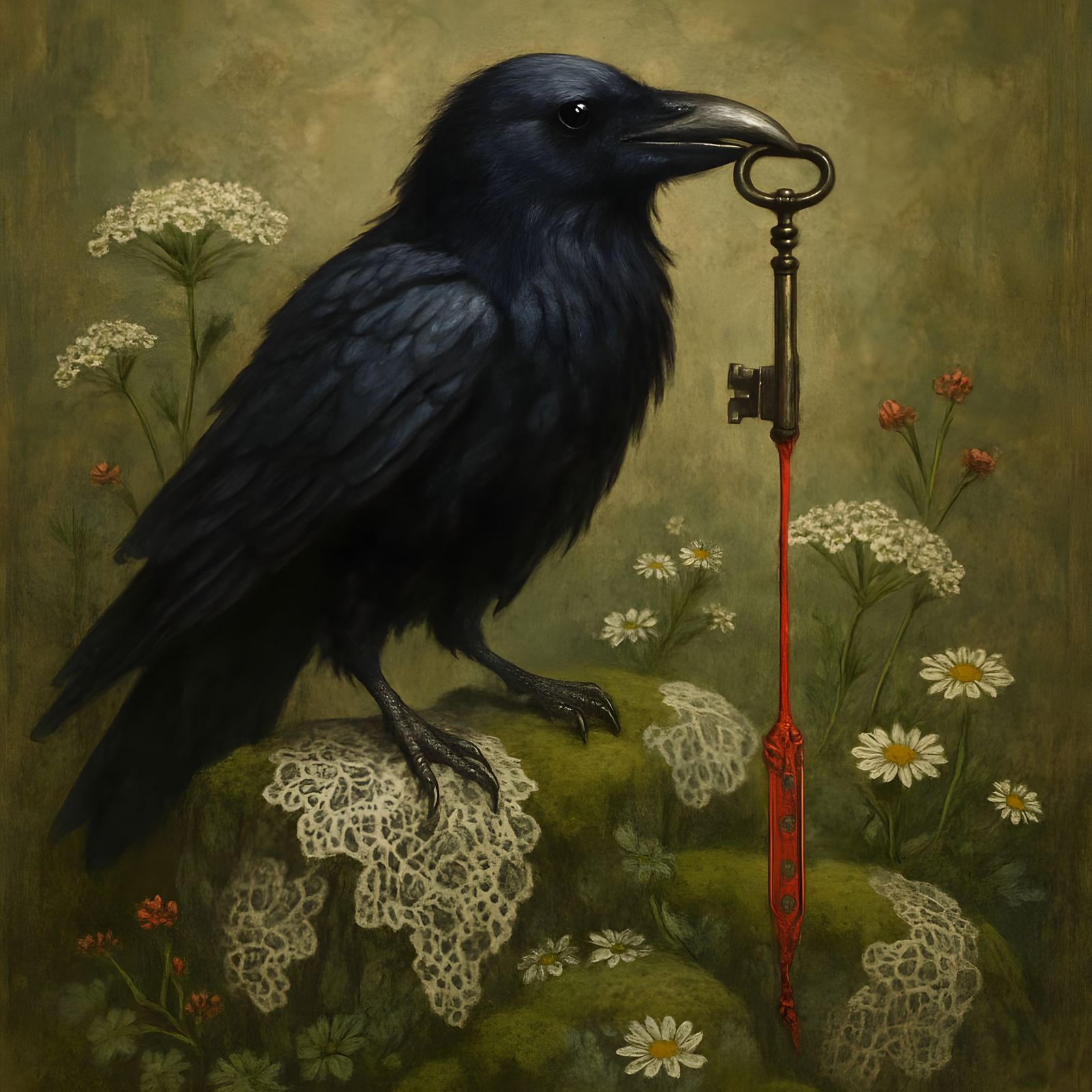 Raven with Key on Mossy Rocks with Wildflowers