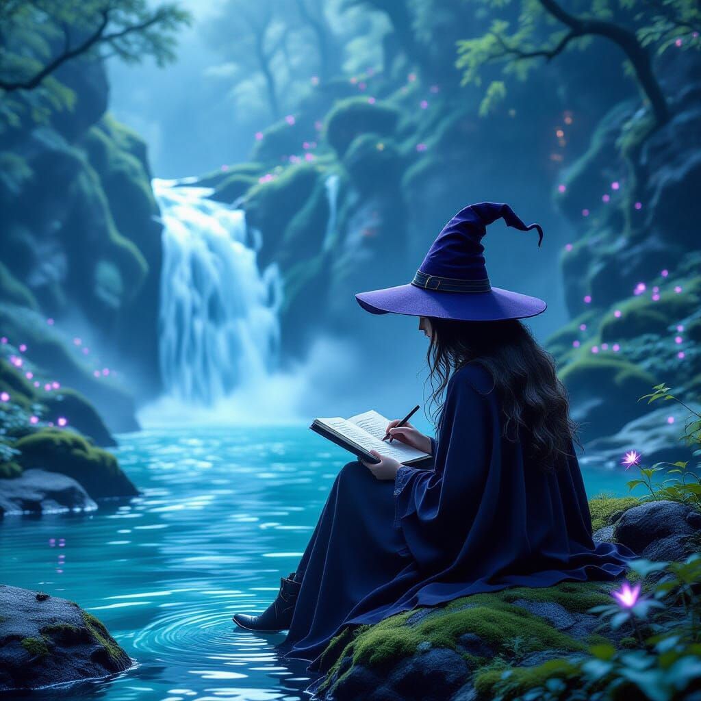 Traveler Sketches Misty Waterfall in Ethereal Glow