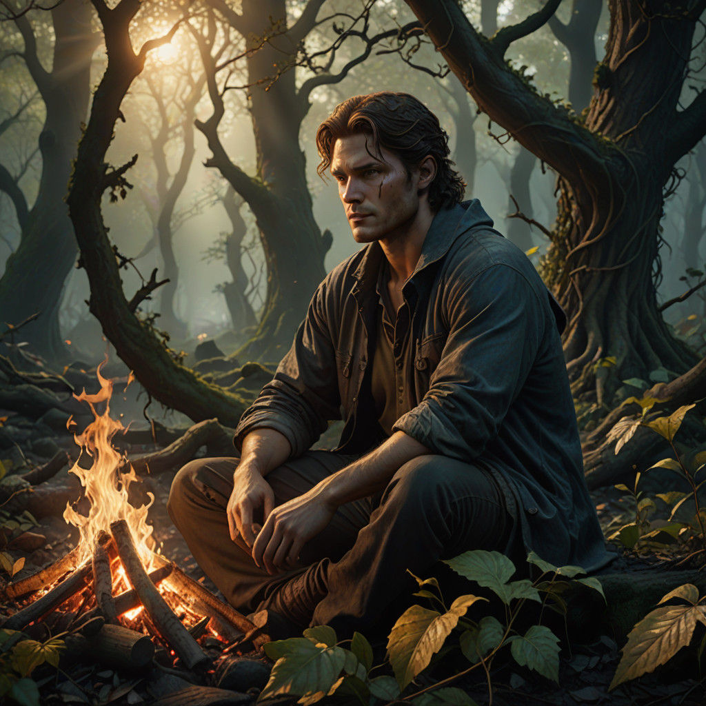 Glowing Nymph Sits by Enchanted Forest Fire