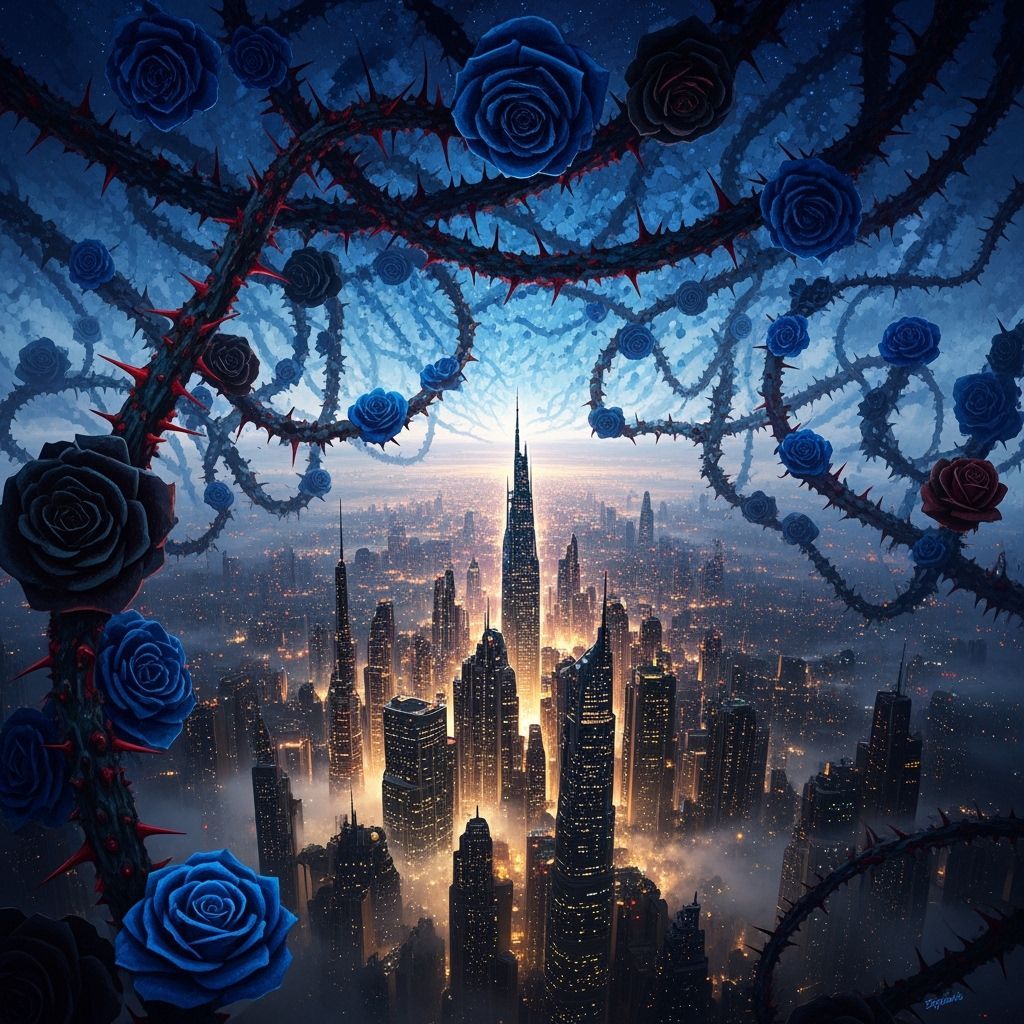 Black and Blue Roses Above Cityscape Matte Painting