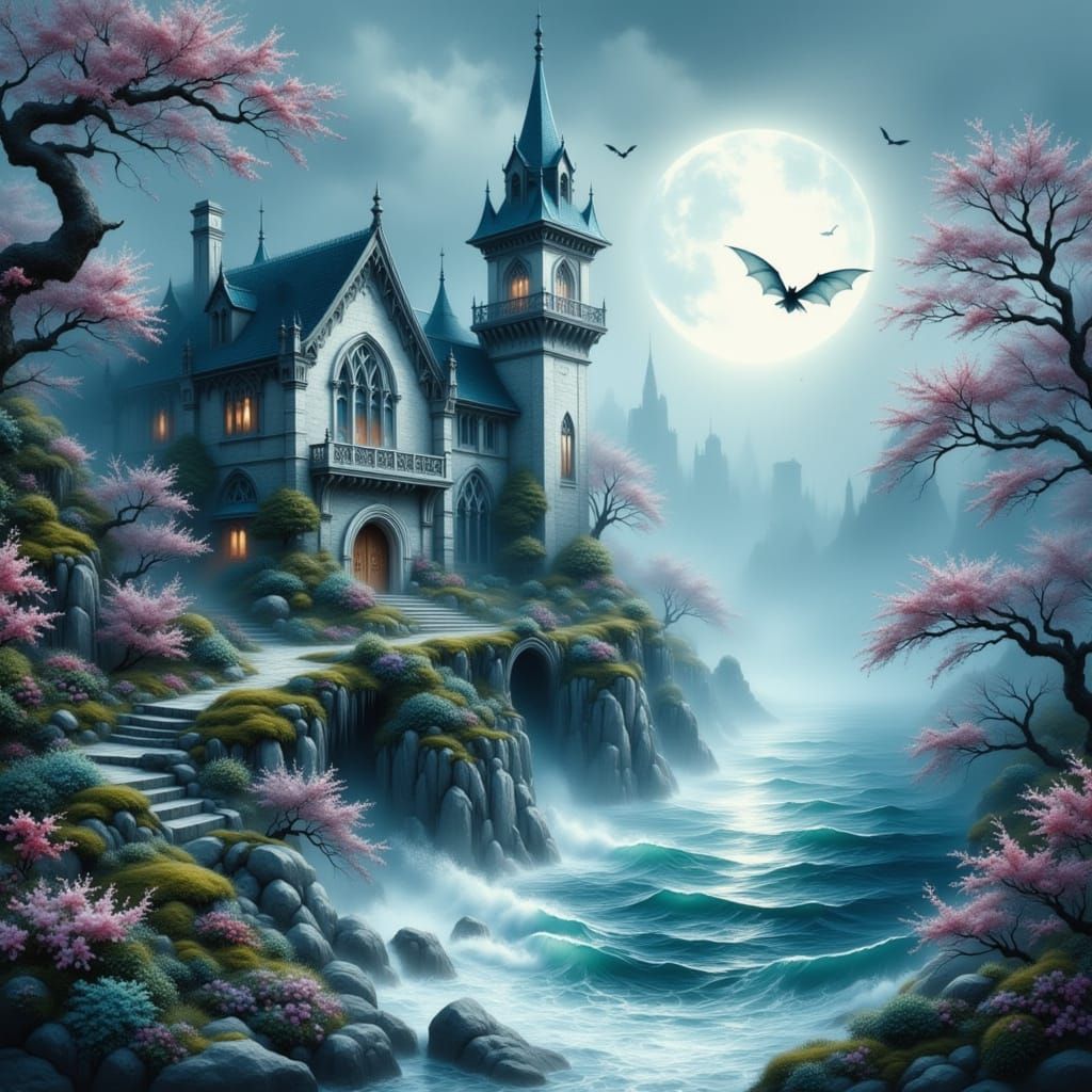 Gothic Castle on Cliff in Ink Wash Style