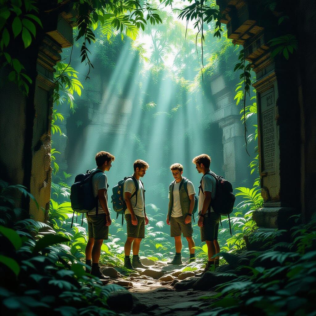 Adventurous Young Men Explore Ancient Jungle Ruins