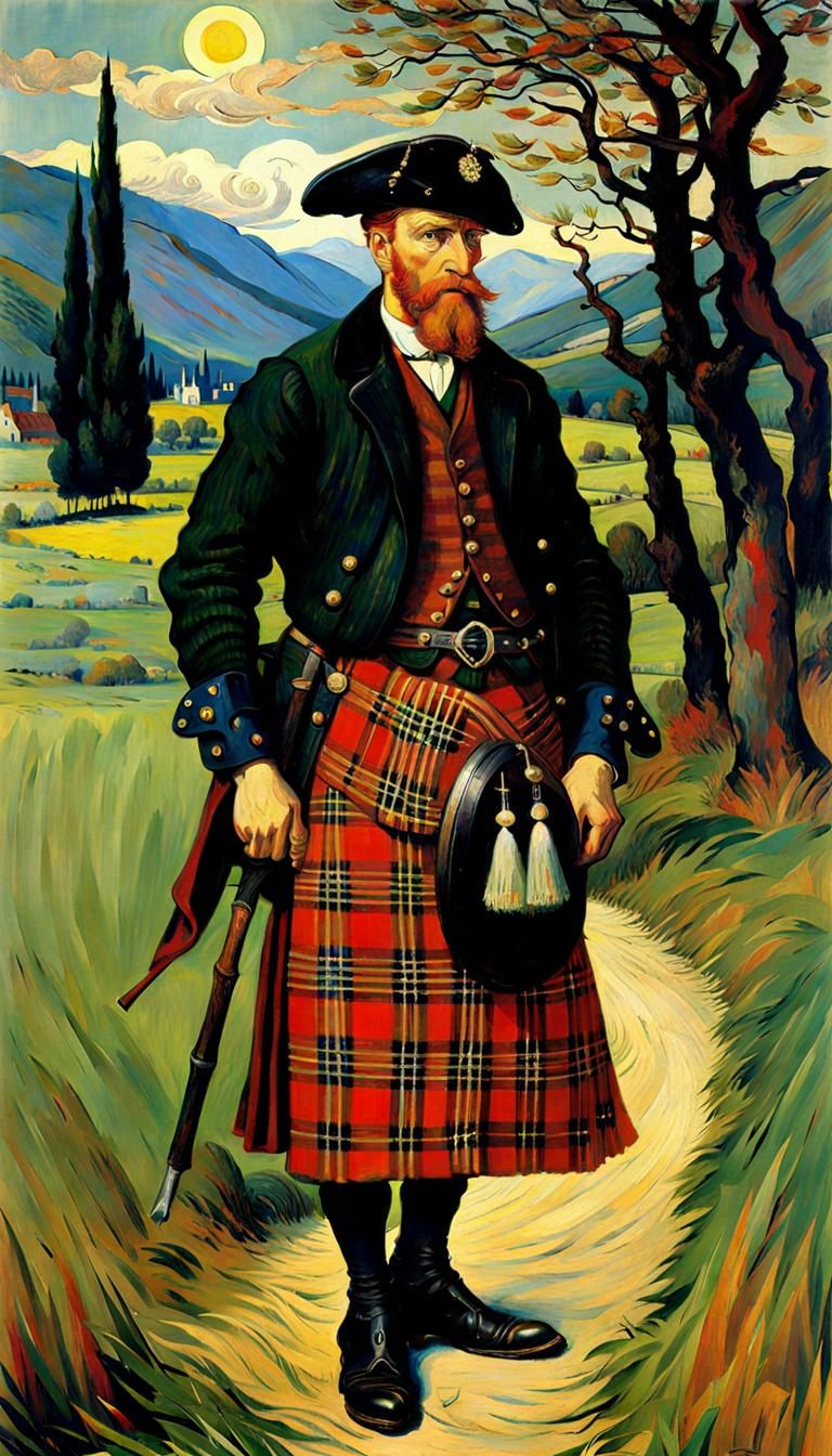 Scotsman in Tartan Kilt, Van Gogh Style