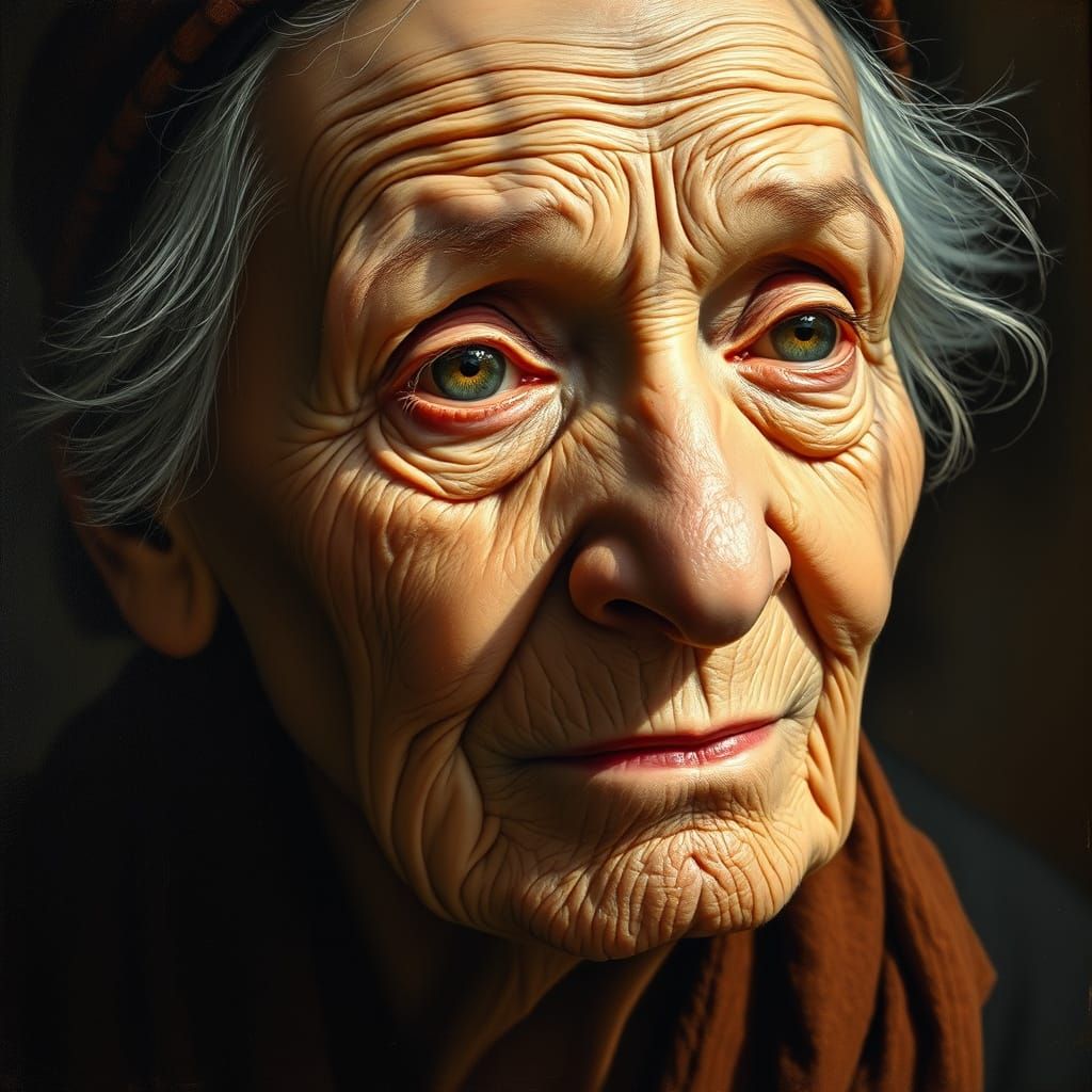 Old Woman's Face: Realistic Oil Painting Portrait