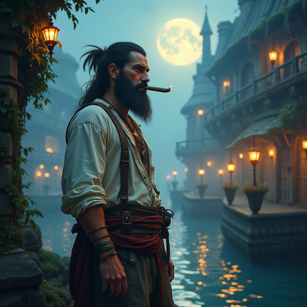 Confident Buccaneer in Moonlit Harbor, Digital Matte Paintin...