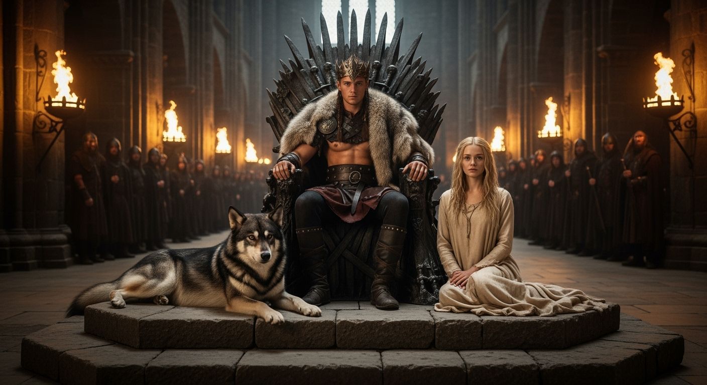 Viking King on Stone Throne in Ancient Castle Hall