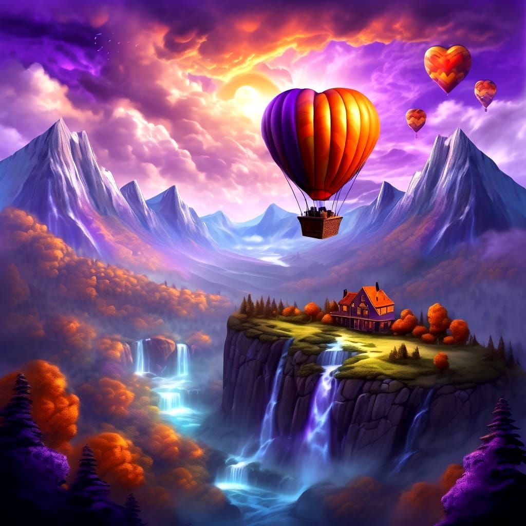 Heart Balloon Over Enchanted Fantasy Landscape