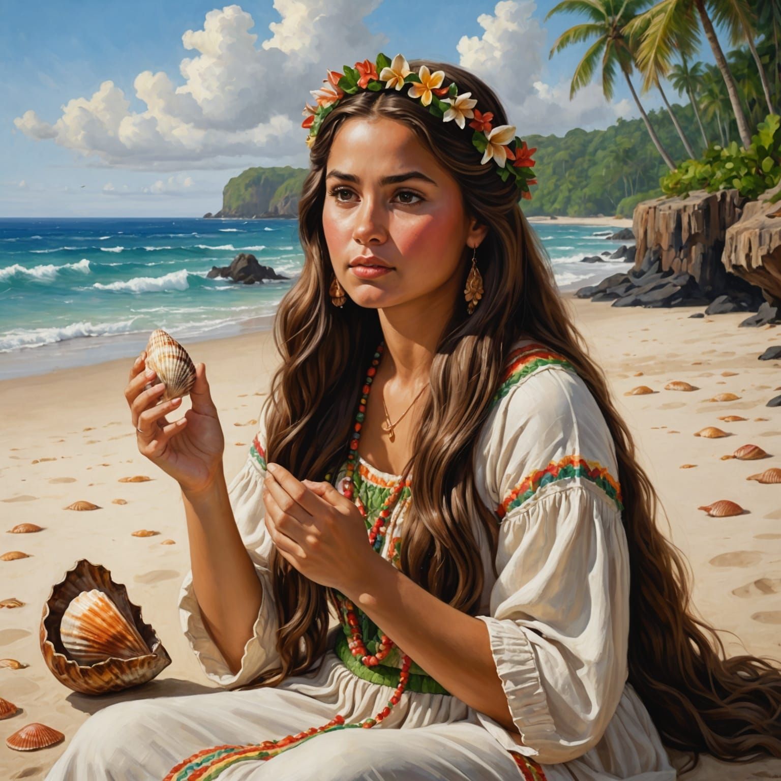Hula Girl Listening to Seashell, Detailed Matte Painting