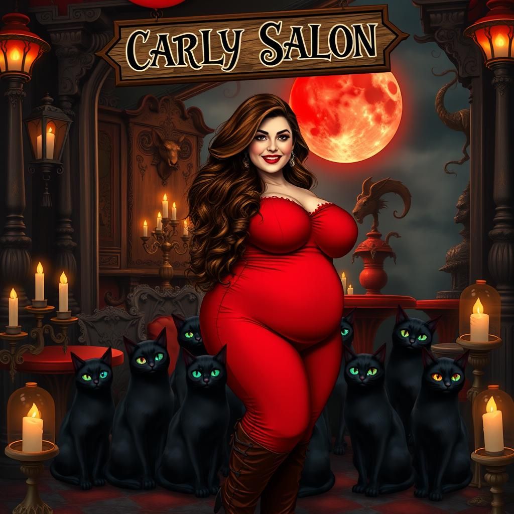 Voluptuous Woman in Gothic Salon with Black Cats