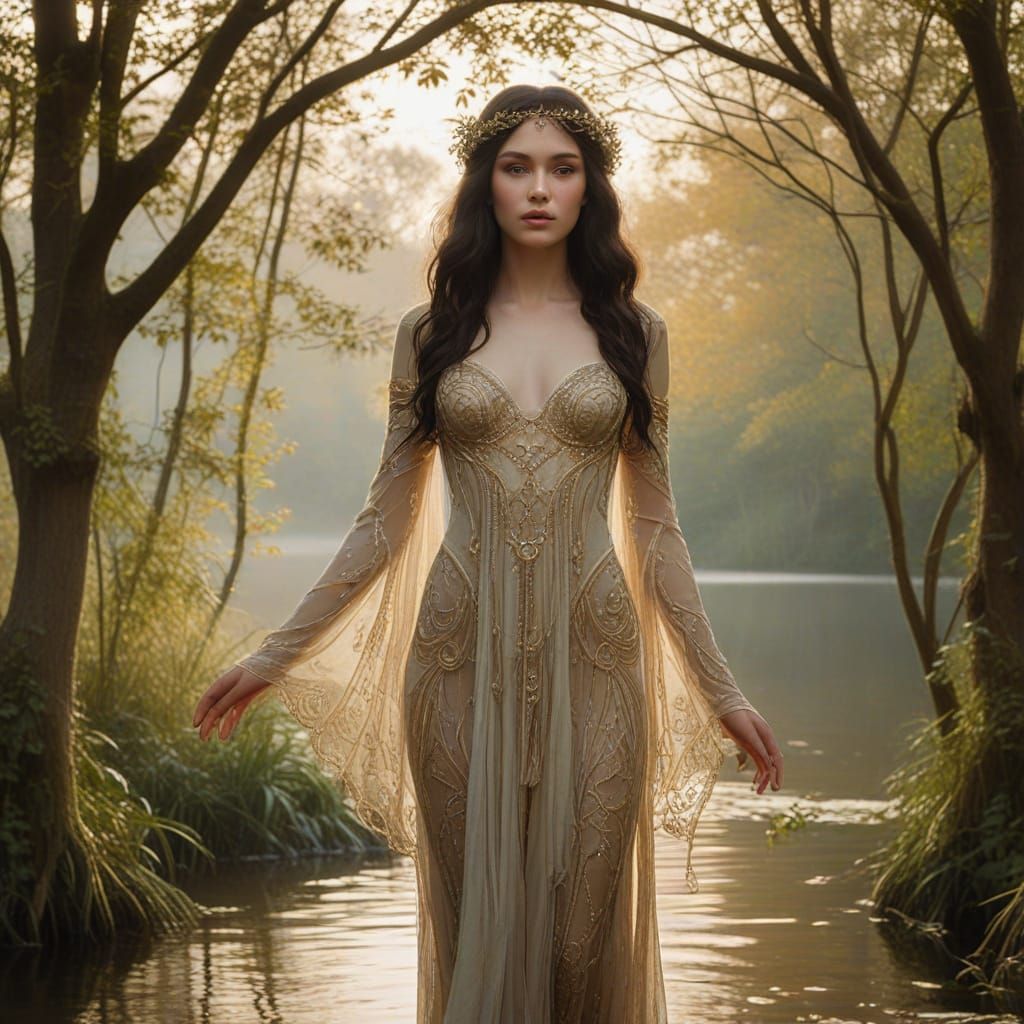 Ethereal Elf Maiden Basks in Golden Light amidst Whiplash Tr...