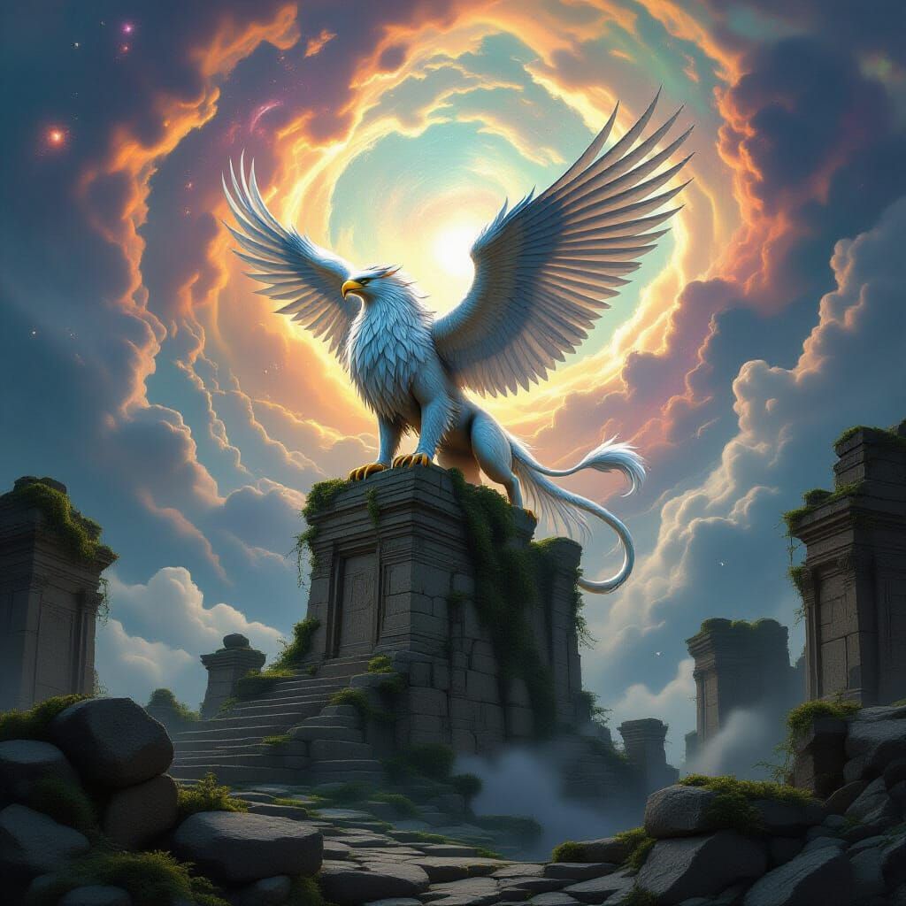 Majestic Griffin on Ancient Ruins in Cosmic Sky