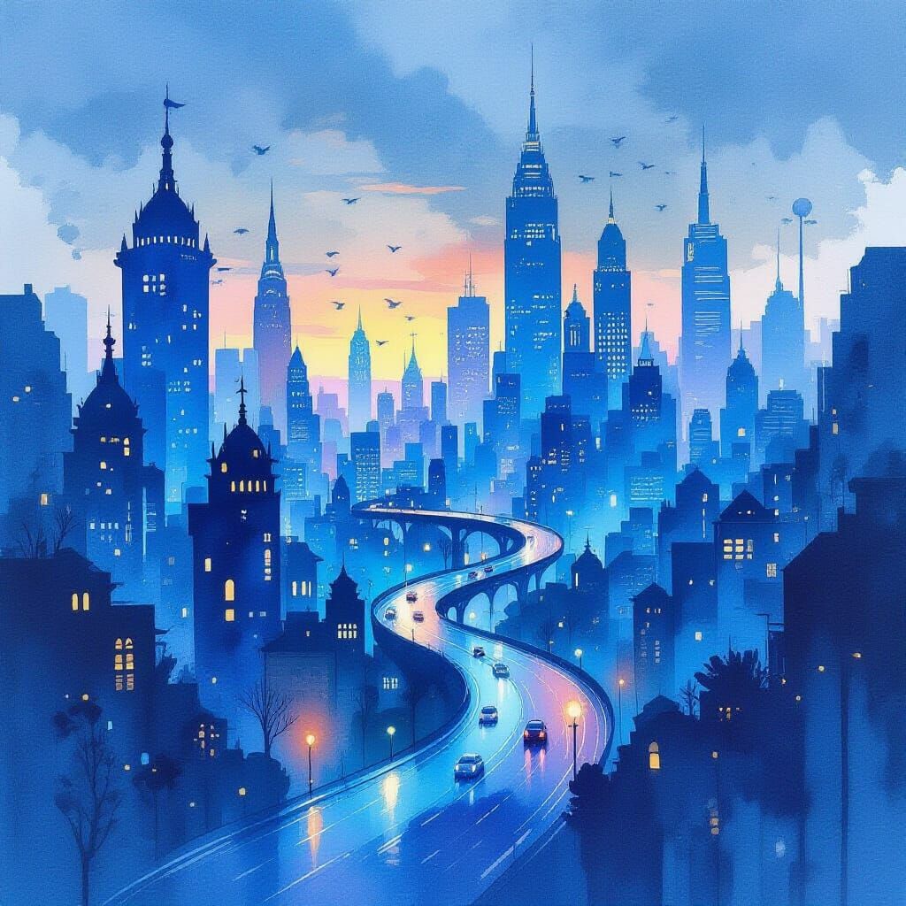 Mystical Cityscape at Dusk in Watercolor Style