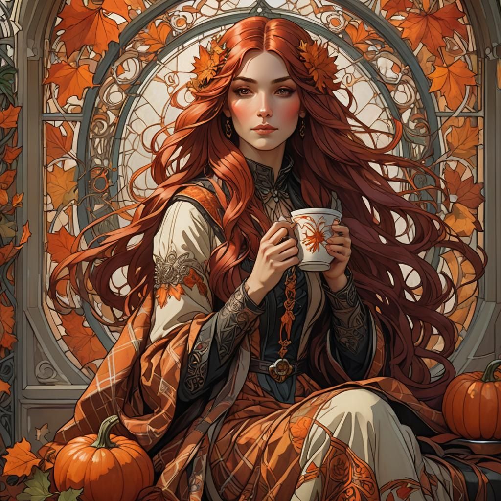 Autumn Woman Portrait in Art Nouveau Style