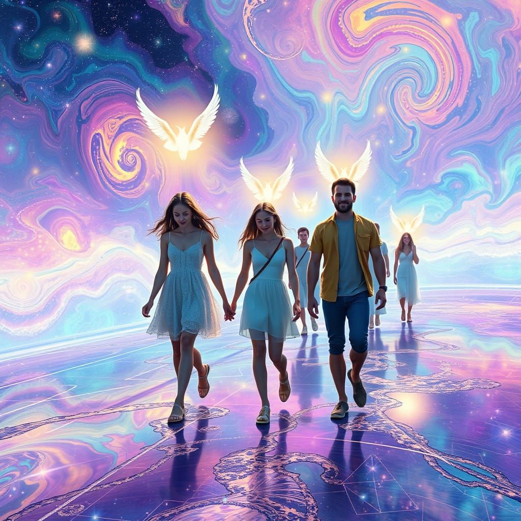 Cosmic Beings Among Celestial Wanderers in Vibrant Astral Re...