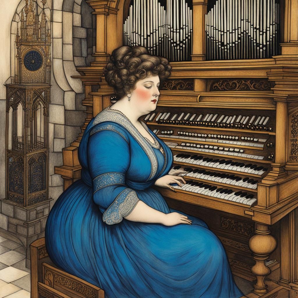 a plump red-faced disheveled woman playing the church organ ...