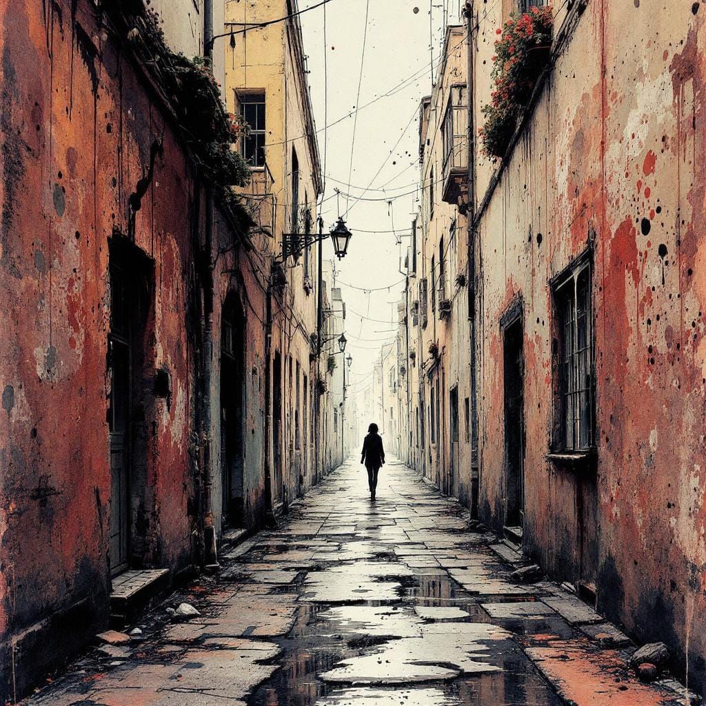 Ethereal Figure in Decayed Urban Landscape