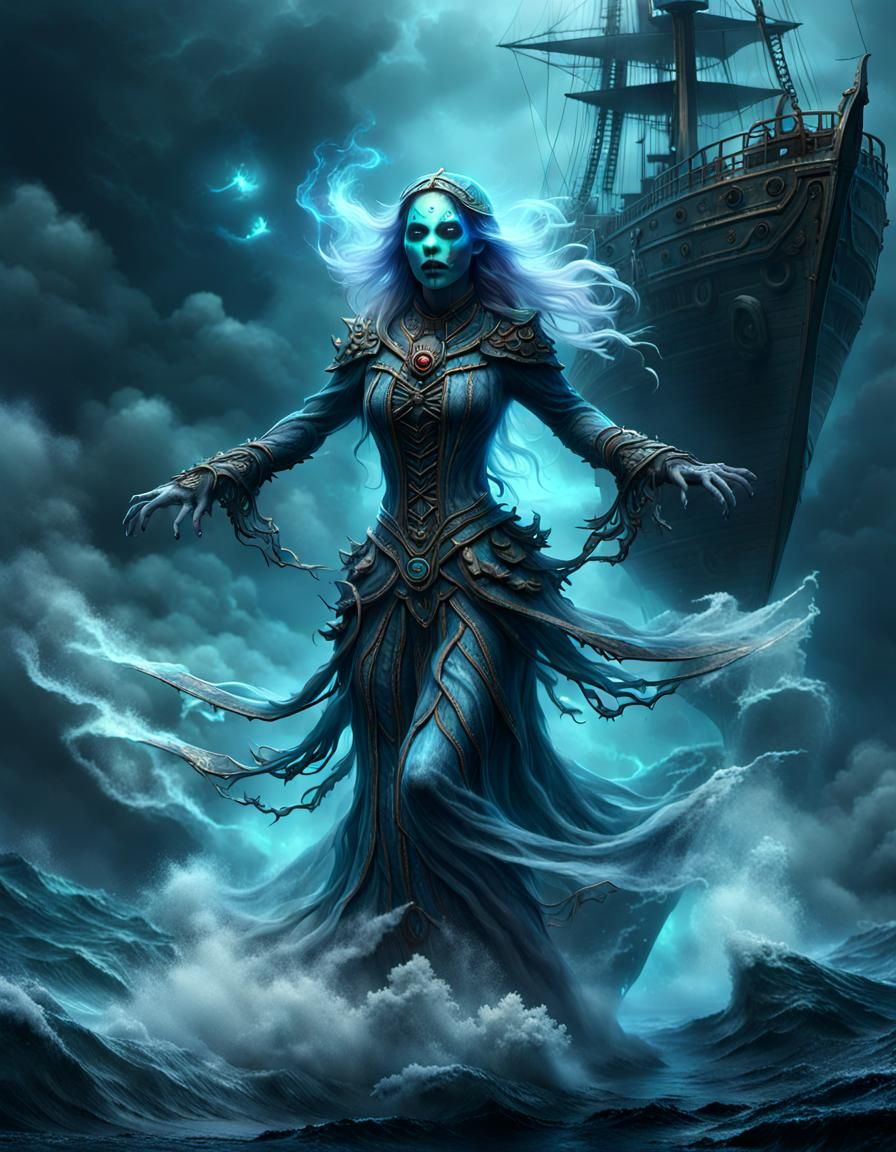 Dancing Ghost Woman on Ghost Ship in Ocean