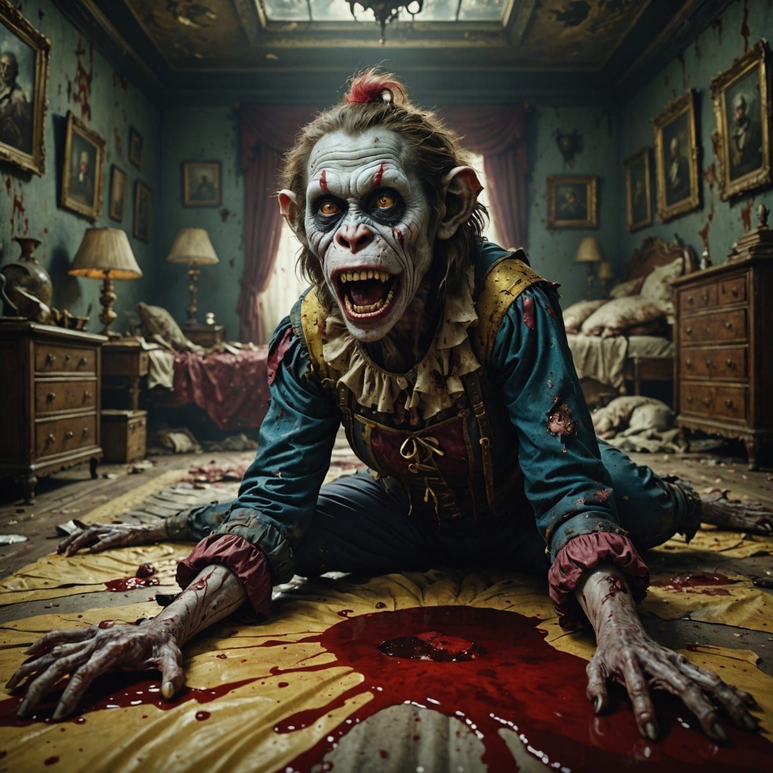 Grotesque Zombie Clown on Stained Mattress