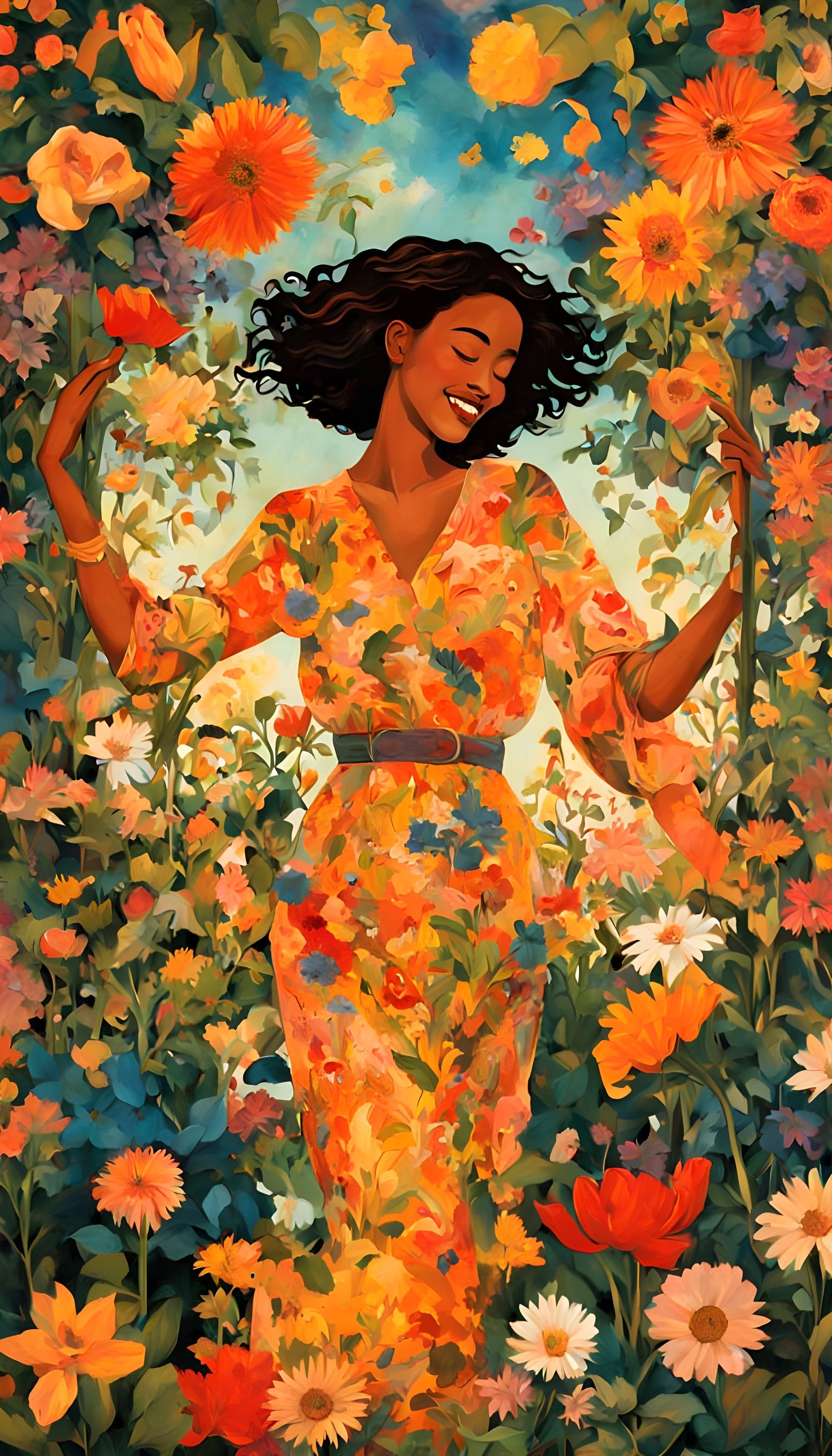 Woman Swings in Vibrant Garden Landscape