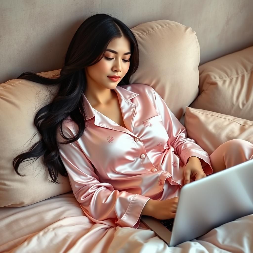 Asian Woman Relaxing in Bed, Minimalist Style