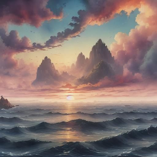 Misty Sunset Sea with Distant Sailing Ships