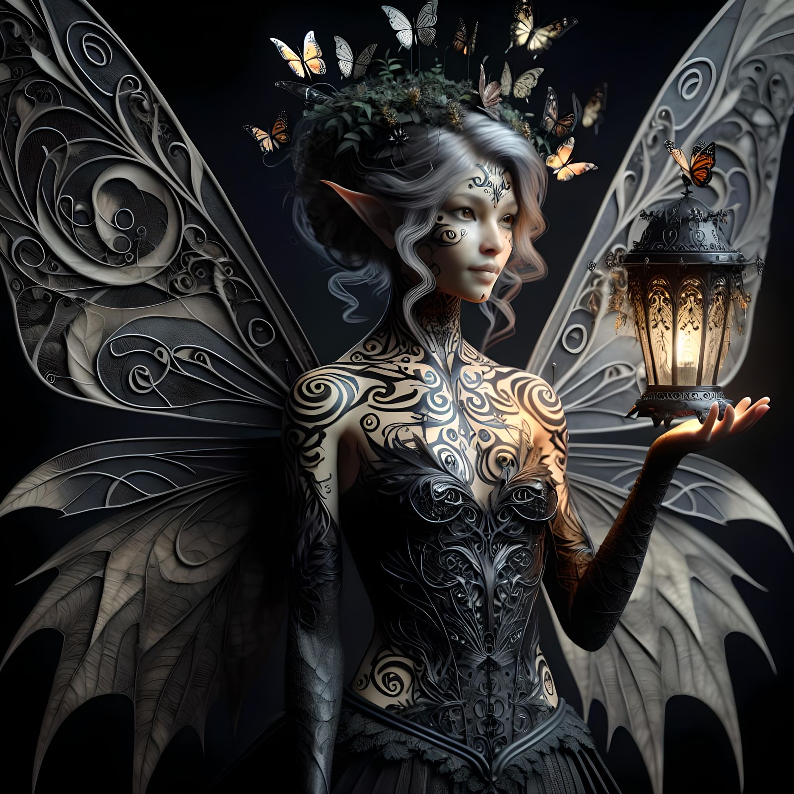 Enigmatic Tattooed Fairy with Gothic Lamp