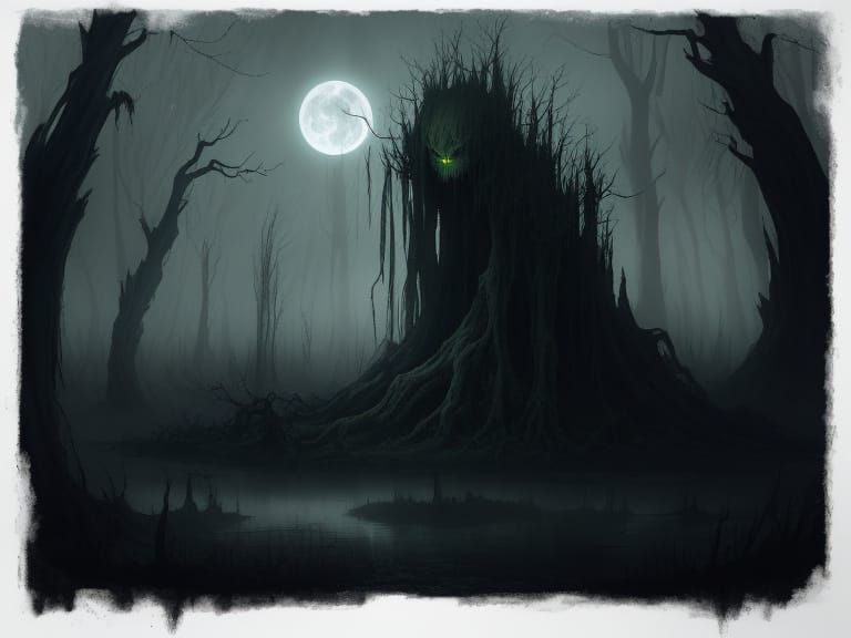 Mysterious Swamp Creature under Full Moonlight