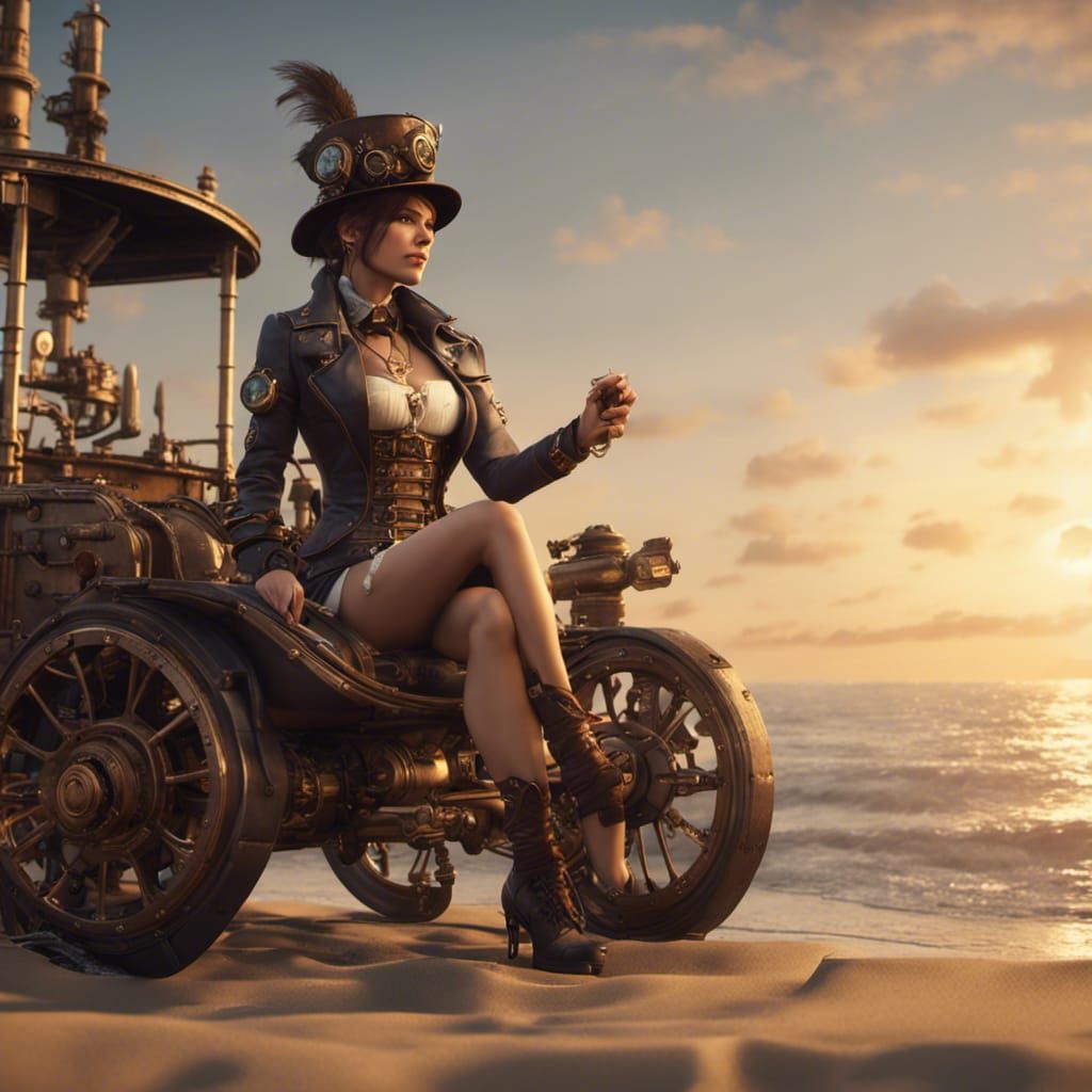 Steampunk Women Kissing on Sunset Beach: 3D Game Art