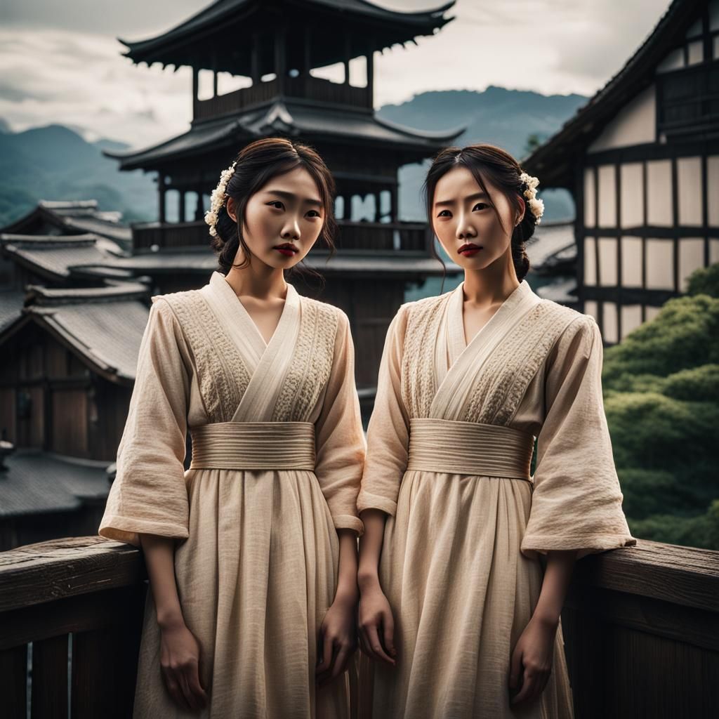 Japanese Sisters on Clock Tower: Cinematic Film Still