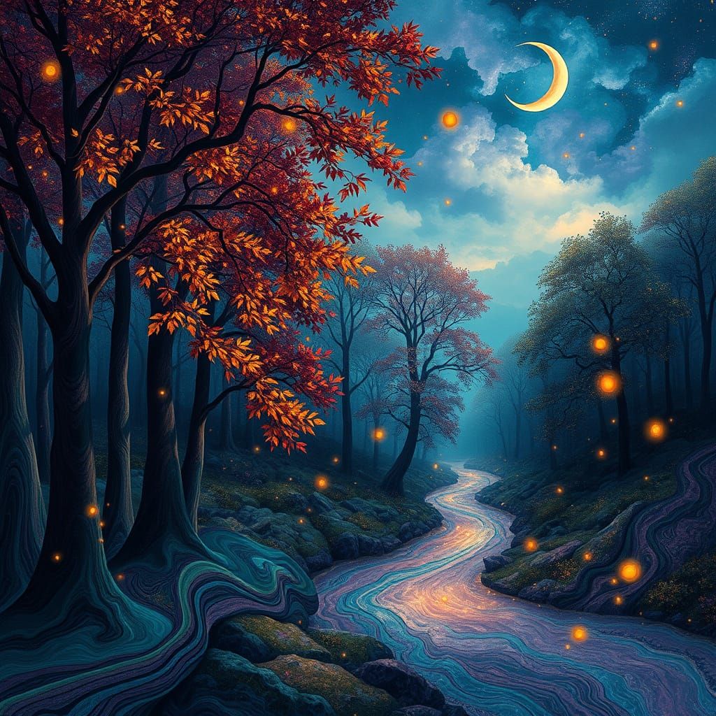 Ethereal Forestscape in Ottoman-Inspired Ebru Style