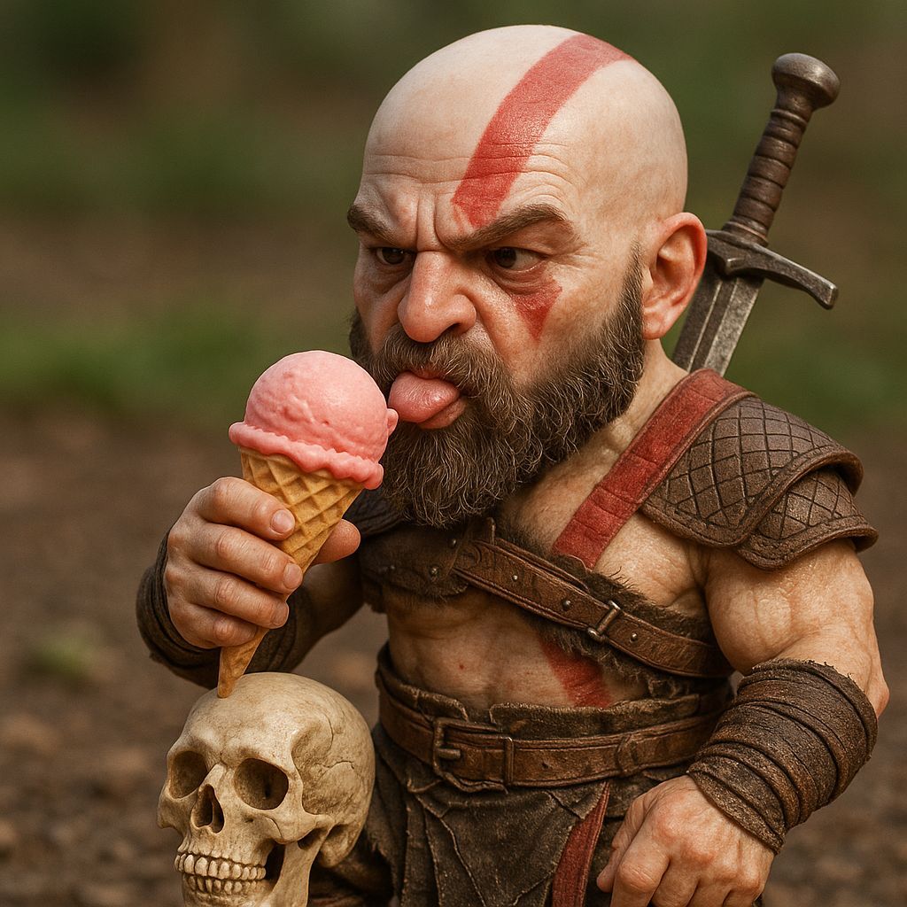 Mini Kratos CGI Eating Ice Cream with Sword and Skull