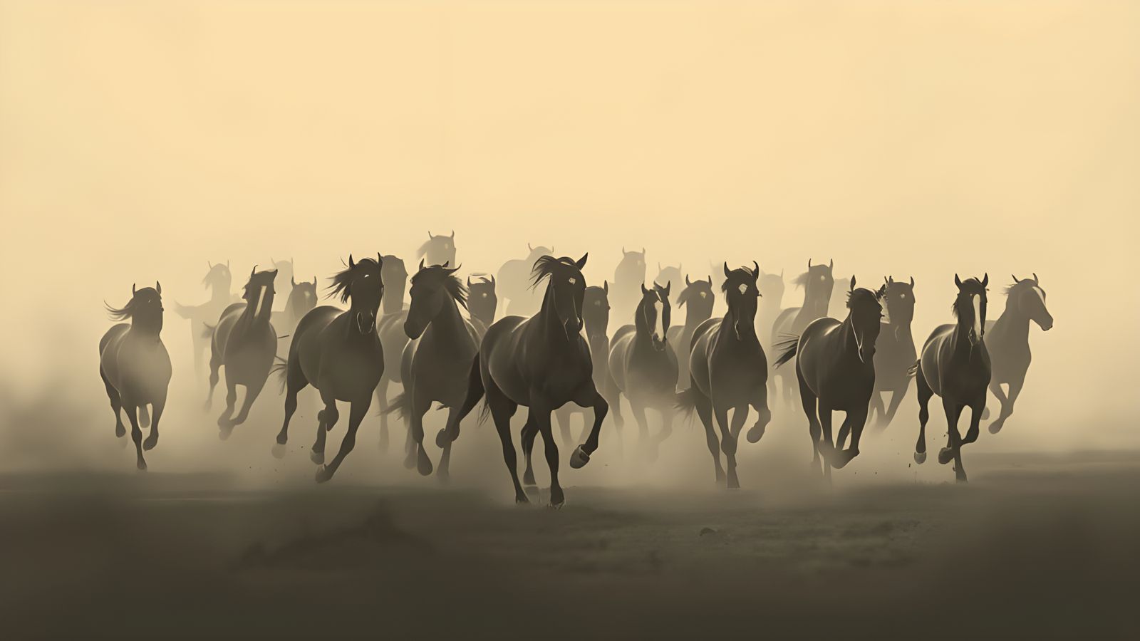 A herd of horses in motion, running through a field shrouded...
