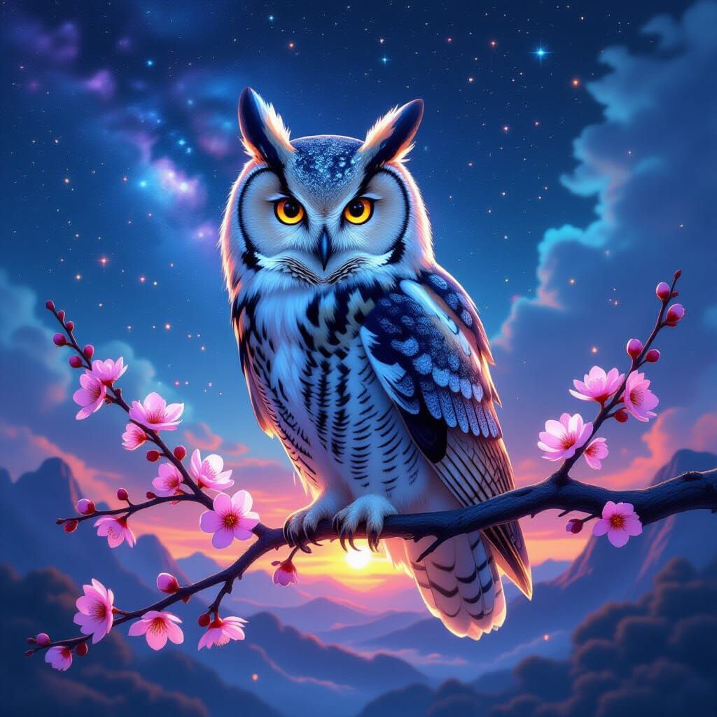 Nebula Owl Perched on Sakura Branch in Starlight