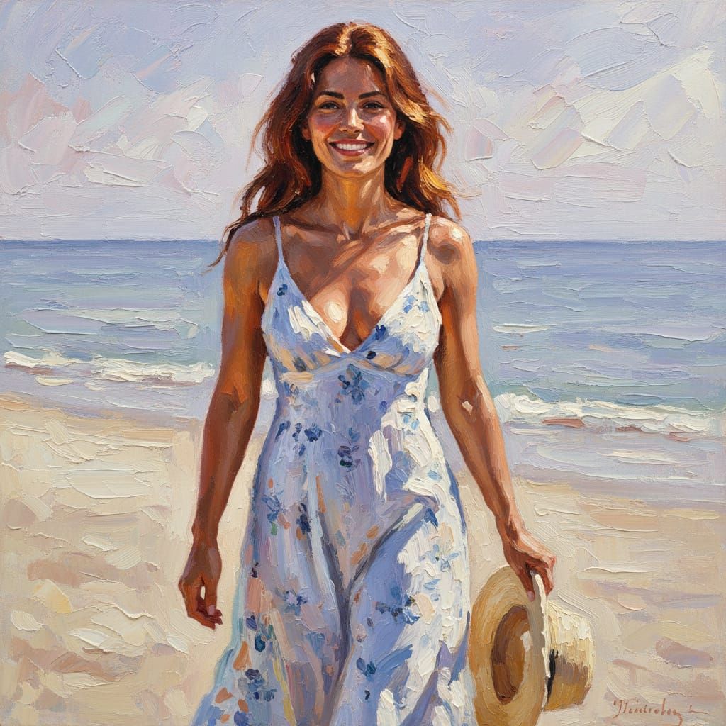 Woman on Beach in Impressionist Oil Painting Style