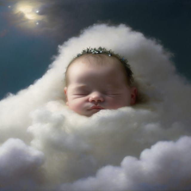 Baby Alien Napping on a Cloud in Oil Paint