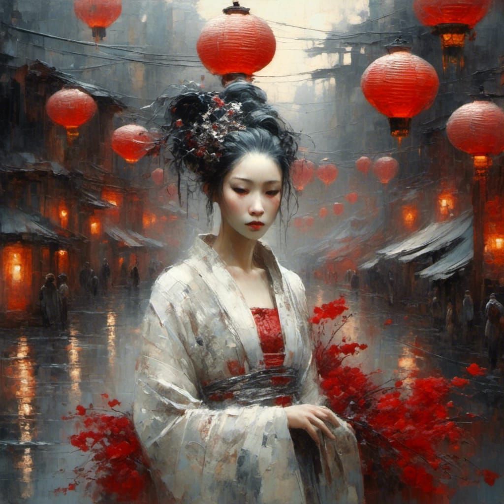 Cyberpunk Geisha Portrait with Intricate Designs