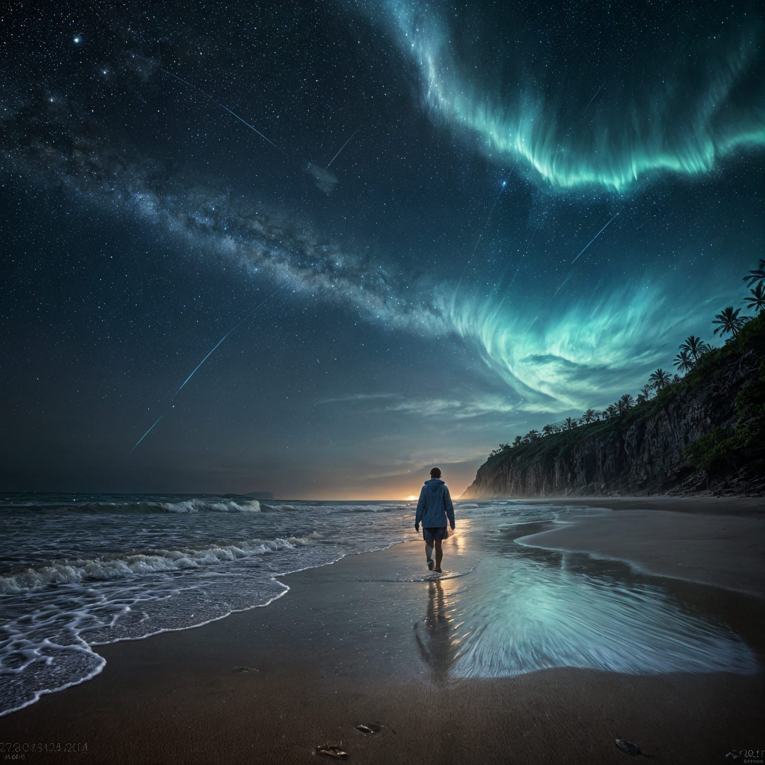 Bioluminescent Shoreline at Night: A Hyperrealistic Photogra...